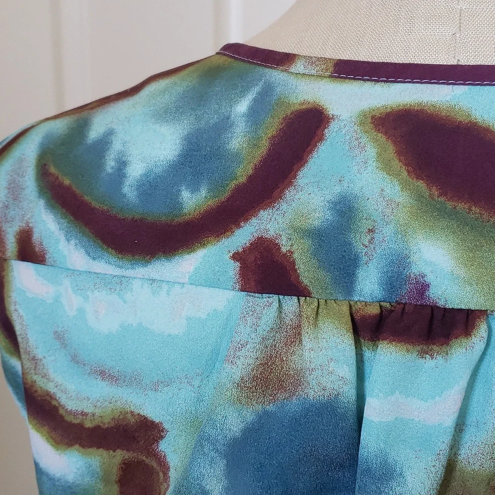 LOFT Teal Maroon Print Dress V-neck Cinched Waist Retro Flair SIZE 6P PETITE